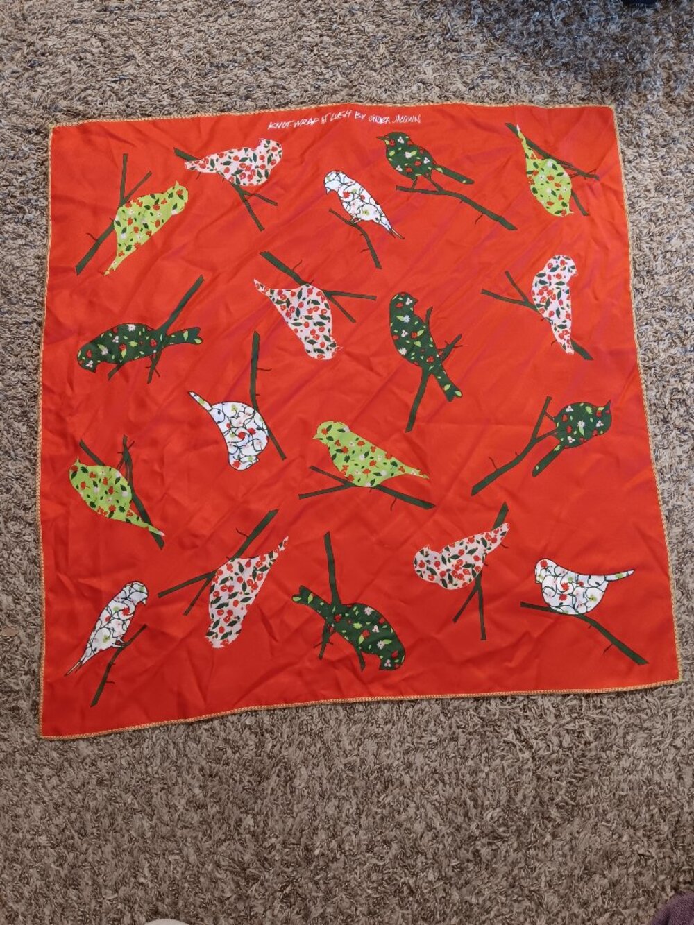 Knot Wrap At Lush by Enora Jacquin red & floral birds square scarf